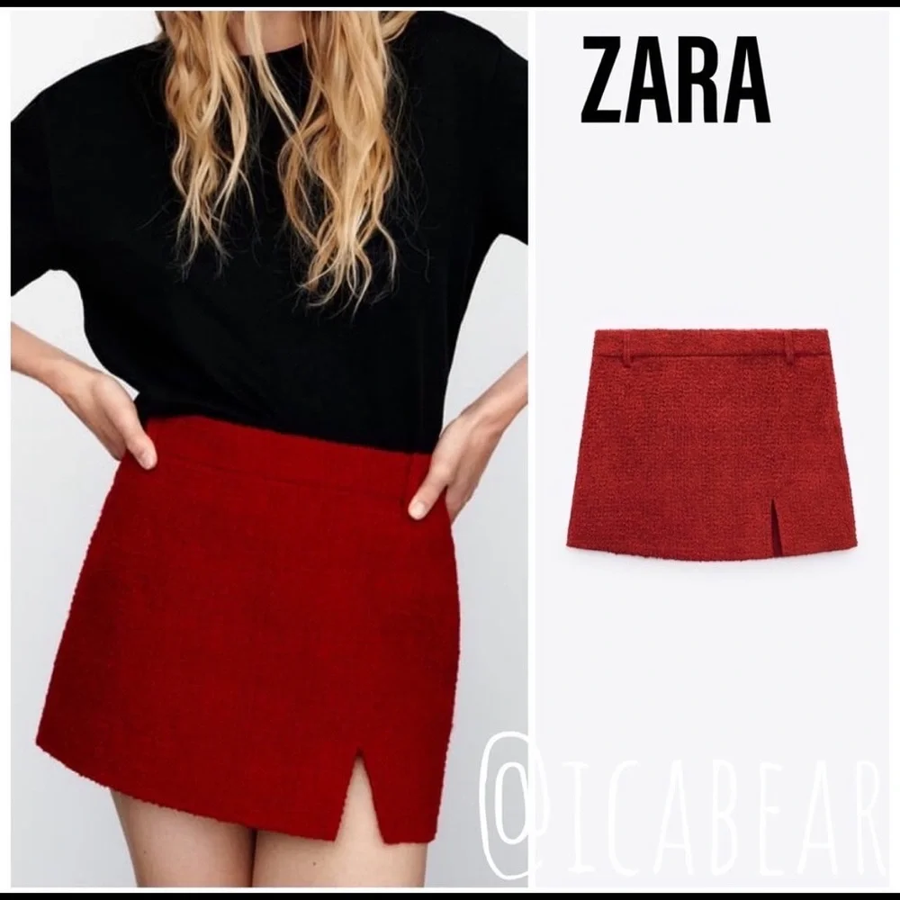 ZARA TEXTURED RED SKIRT WITH SLIT - Picture 4 of 12